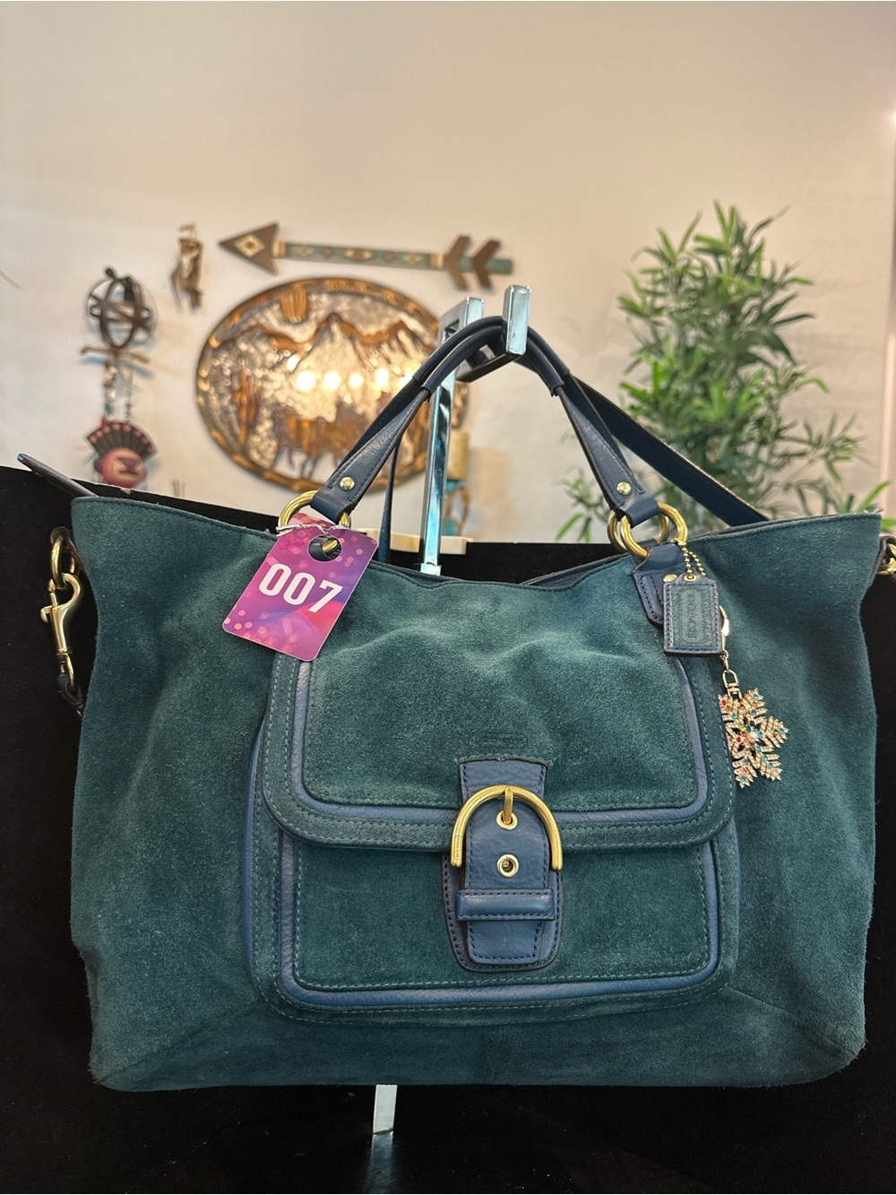 Coach #006 Belle Carryall Green Suede Tote Bag with Front Pocket
